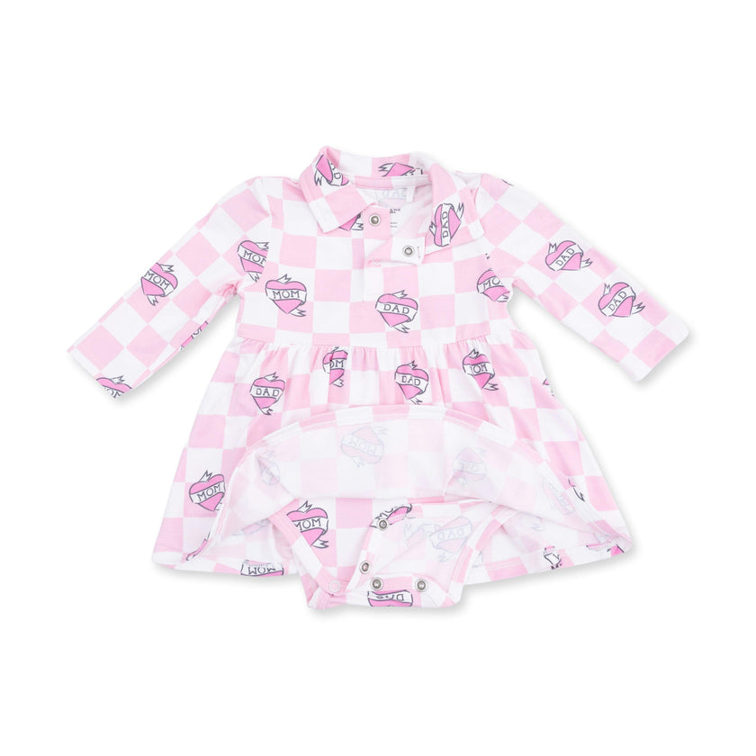 Heart Tattoo Check Pink - Long Sleeve Tennis Bodysuit Dress