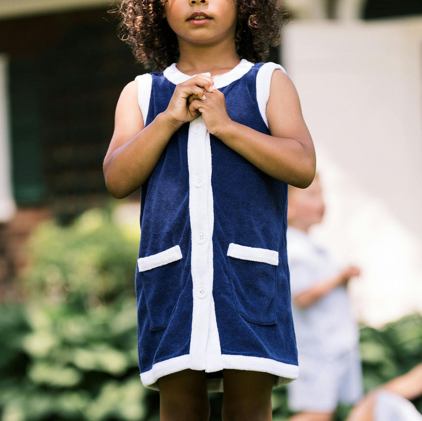 Girls Navy French Terry Sleeveless Button Down Dress