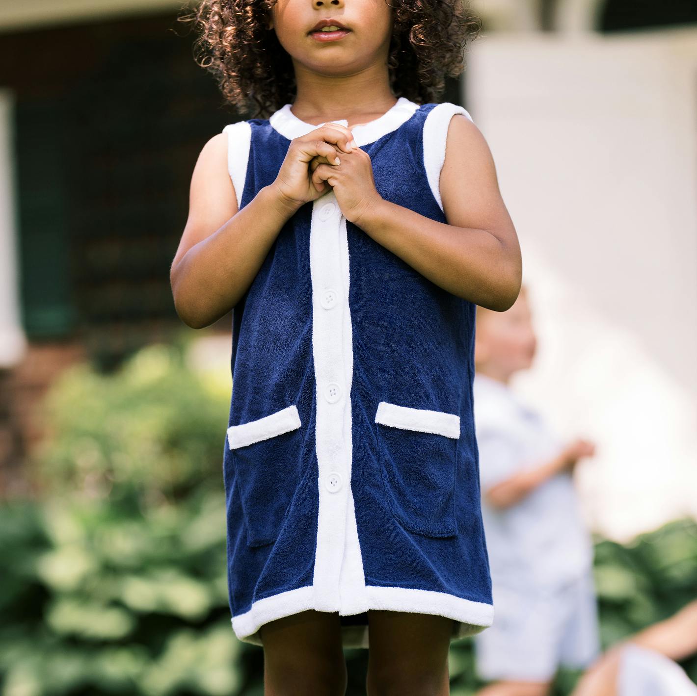 Girls Navy French Terry Sleeveless Button Down Dress