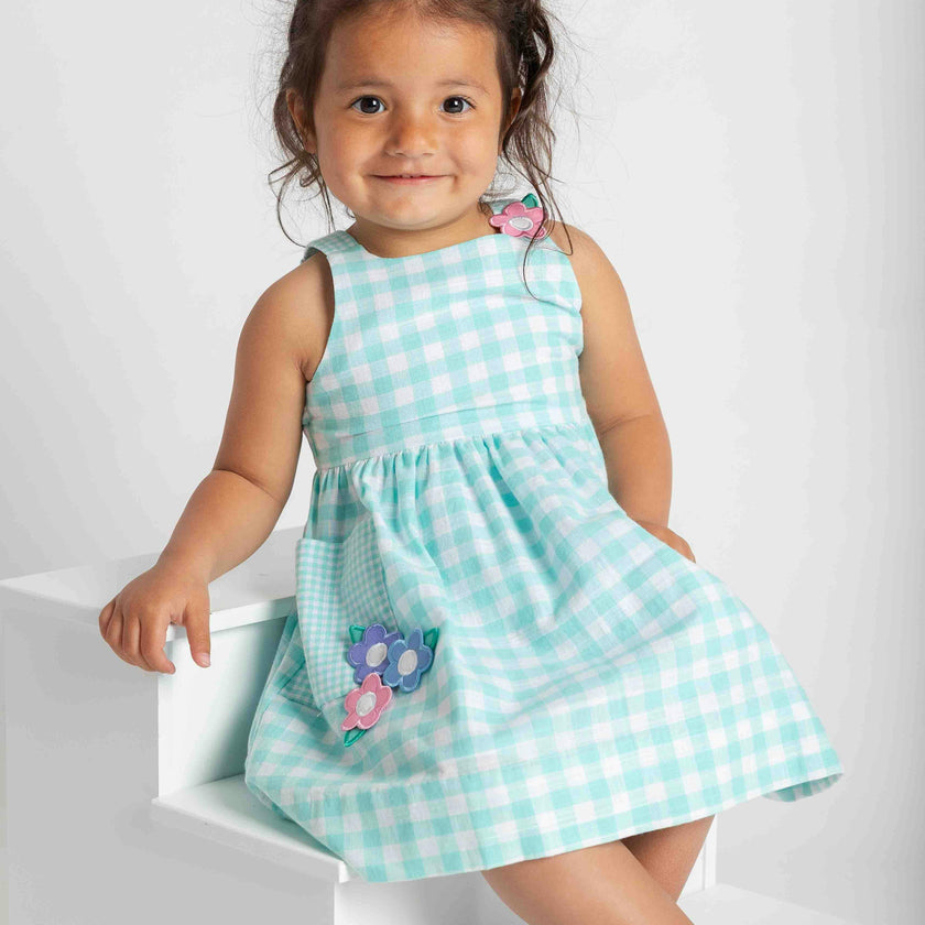 Gingham Linen-Look Dress With Flowers