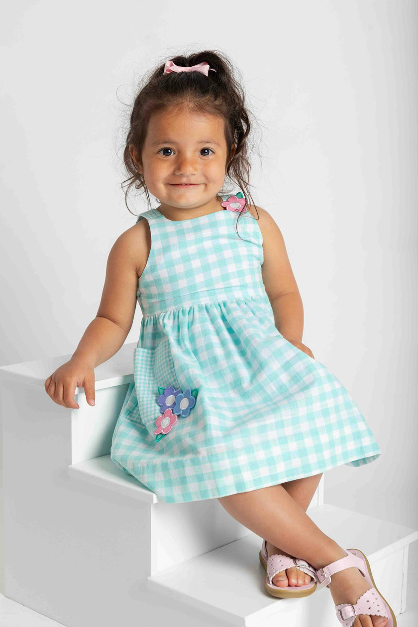 Gingham Linen-Look Dress With Flowers