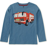 Firetruck Graphic Print Crew Neck Long Sleeve T-Shirt, Blue