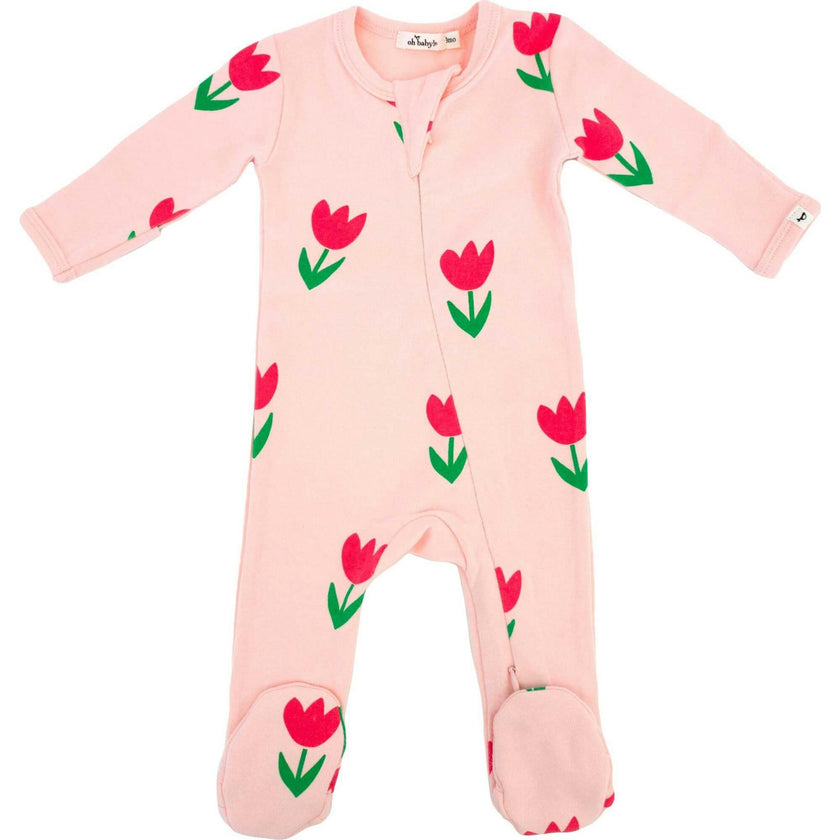 Cotton Candy Pink Tulips Print Zipper Footie