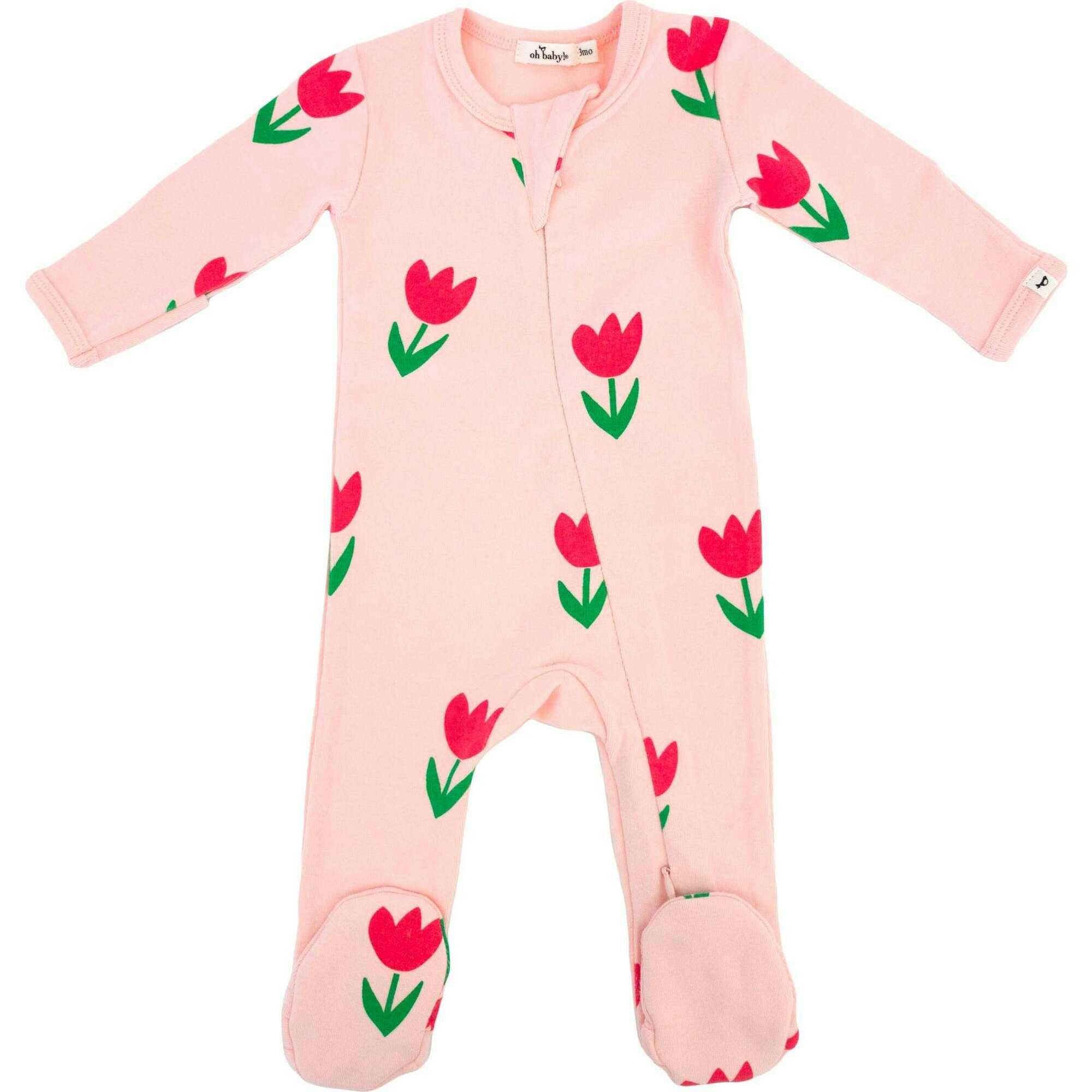 Cotton Candy Pink Tulips Print Zipper Footie