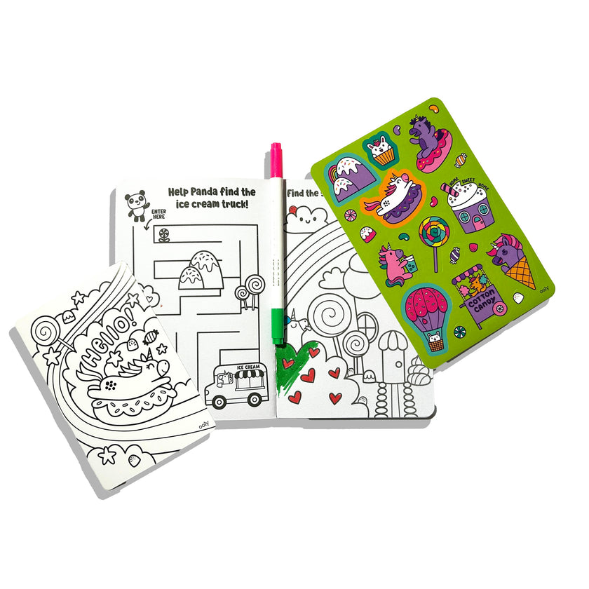 Let's Go! Activity & Coloring Kit - Unicorn Candy Town - Activity Book Markers Postcards Stickers