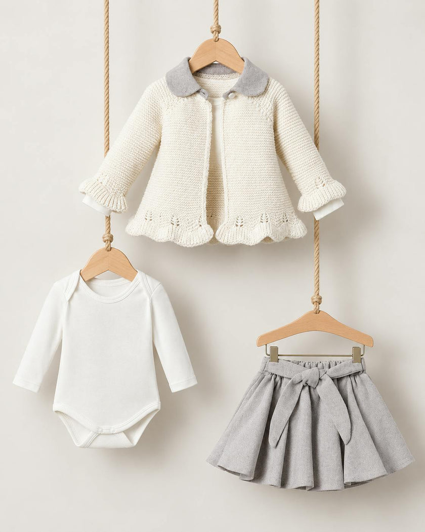 3-Piece Knit Cardigan, Bodysuit & Bow Skirt Set
