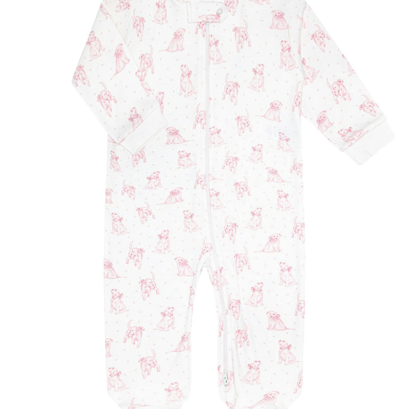 Pink Puppy Love Print Zipper Footie
