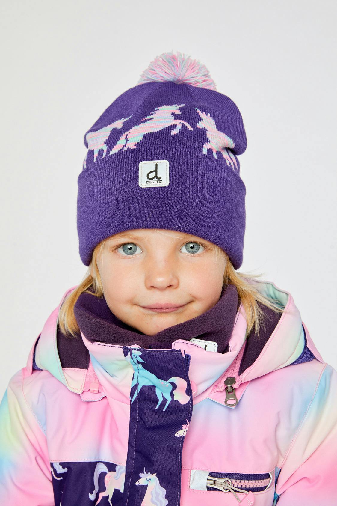 Winter Knit Hat With Pompom Purple And Blue