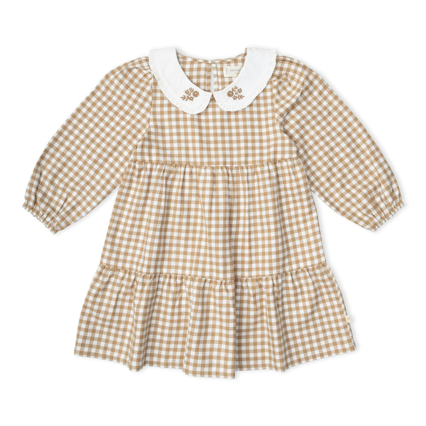 Organic Collar Tiered Dress - Oat Gingham
