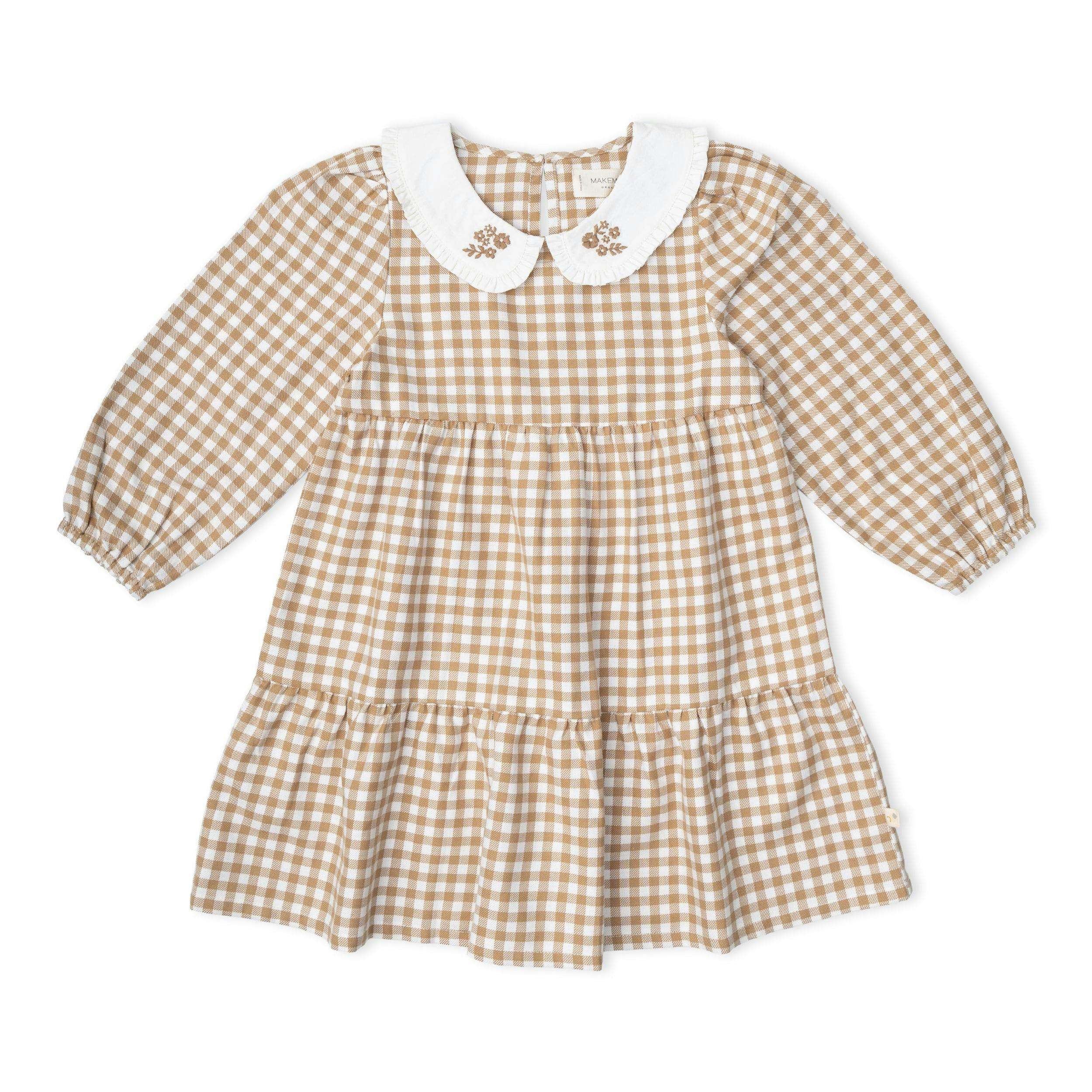 Organic Collar Tiered Dress - Oat Gingham