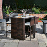 5 Piece Outdoor Bar Height Dining Set With Slat Acacia Wood Tabletop And Woven Weather Resistant Rattan With 4 Bar Stool Chairs And Cushions