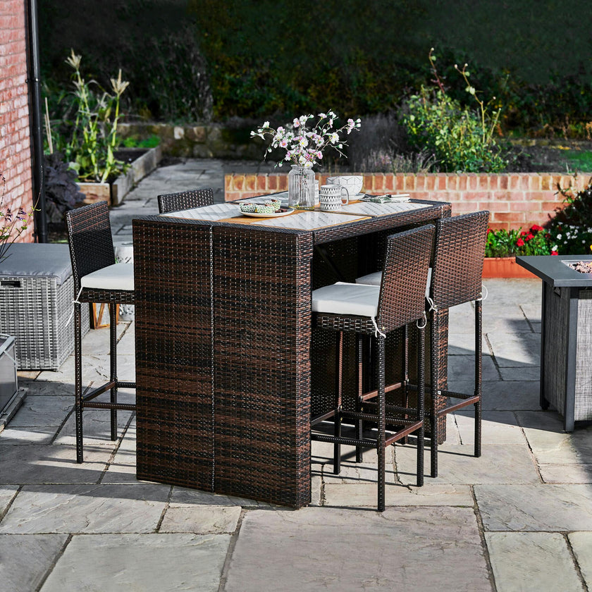 5 Piece Outdoor Bar Height Dining Set With Slat Acacia Wood Tabletop And Woven Weather Resistant Rattan With 4 Bar Stool Chairs And Cushions