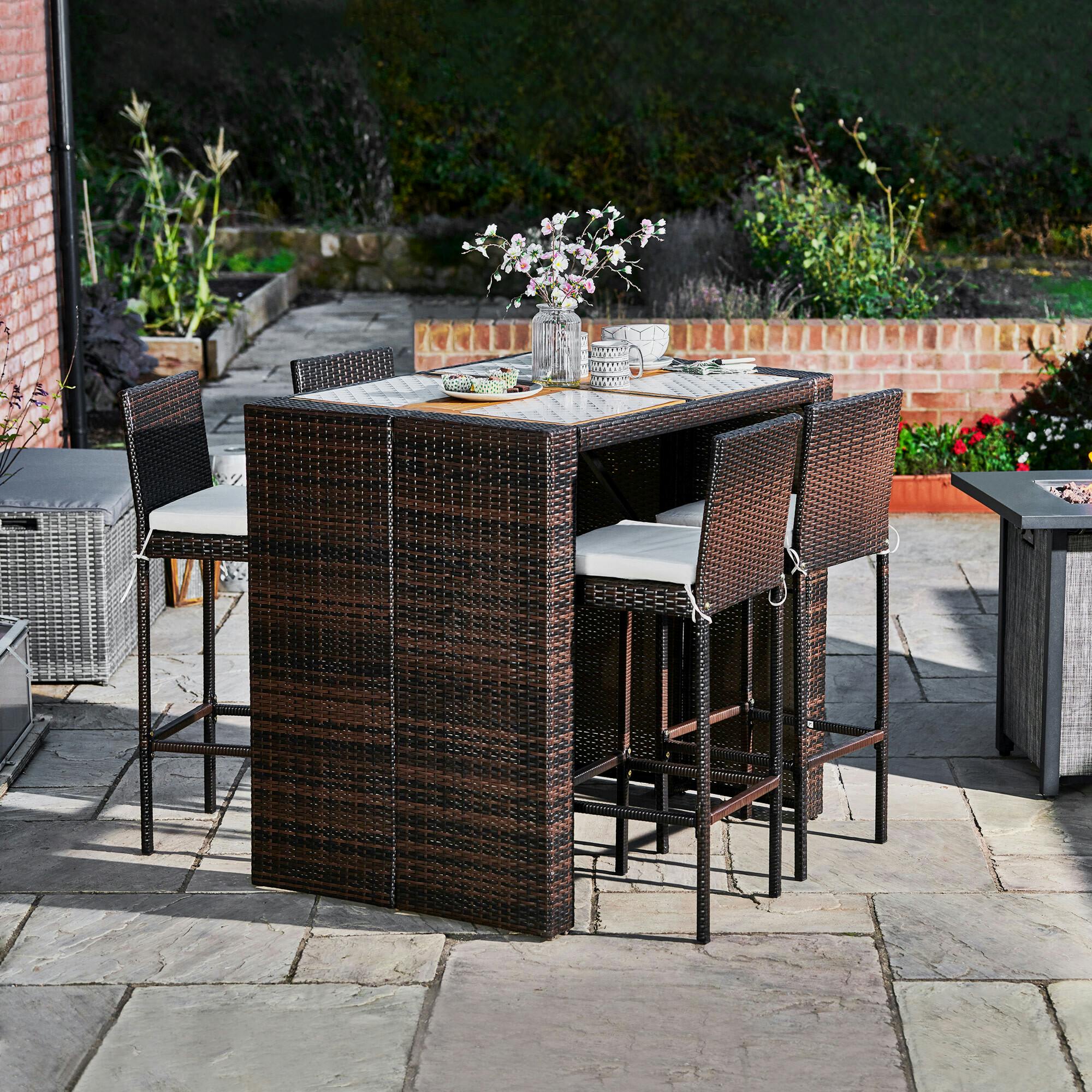 5 Piece Outdoor Bar Height Dining Set With Slat Acacia Wood Tabletop And Woven Weather Resistant Rattan With 4 Bar Stool Chairs And Cushions