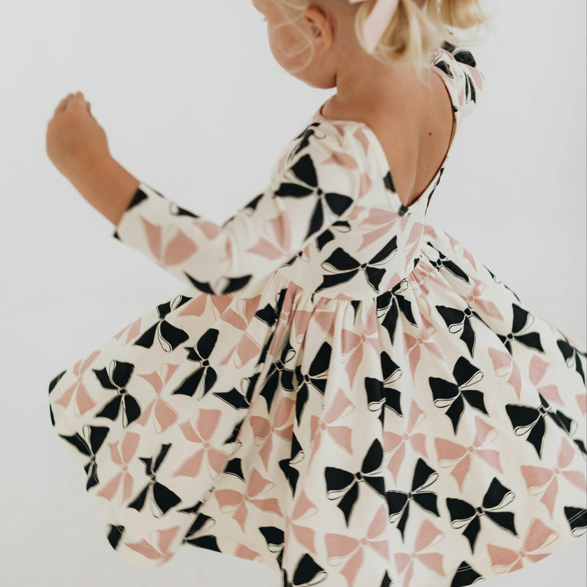3/4 Sleeve Twirl Dress in Vintage Pink and Black Bows