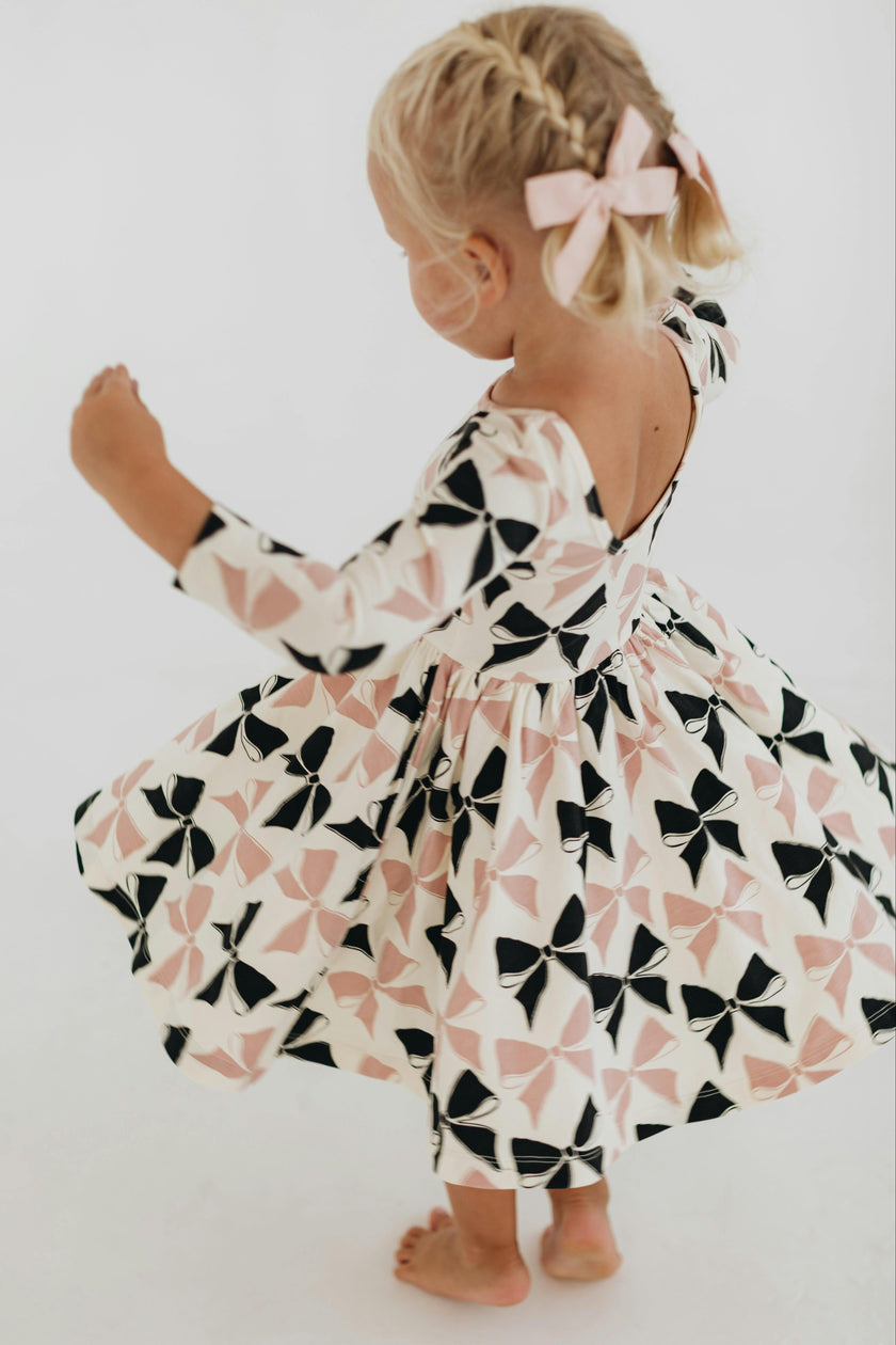 3/4 Sleeve Twirl Dress in Vintage Pink and Black Bows