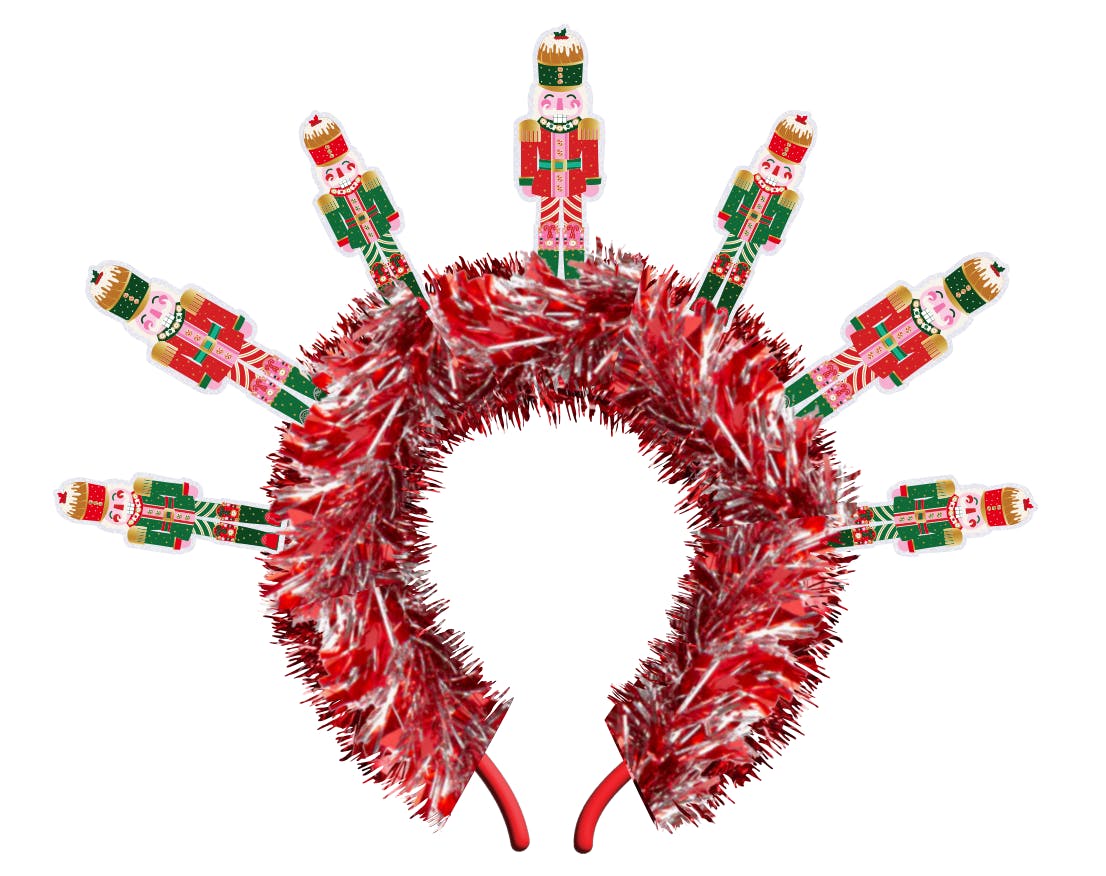 Packed Party Nutcracker Novelty Holiday Headband - Red Tinsel Headband with Mini Nutcrackers for Christmas Parties and Holiday Celebrations, One Size Fits All