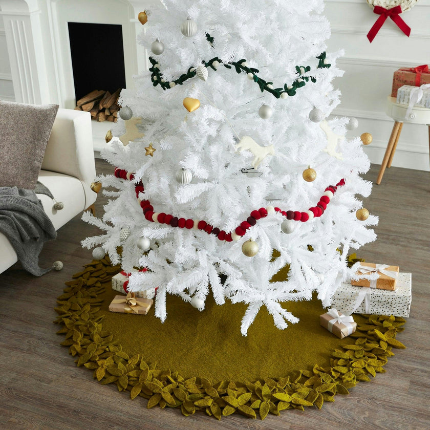 Hand Felted Wool Overlapping Flowers Border Chartreuse XL Christmas Tree Skirt 64"