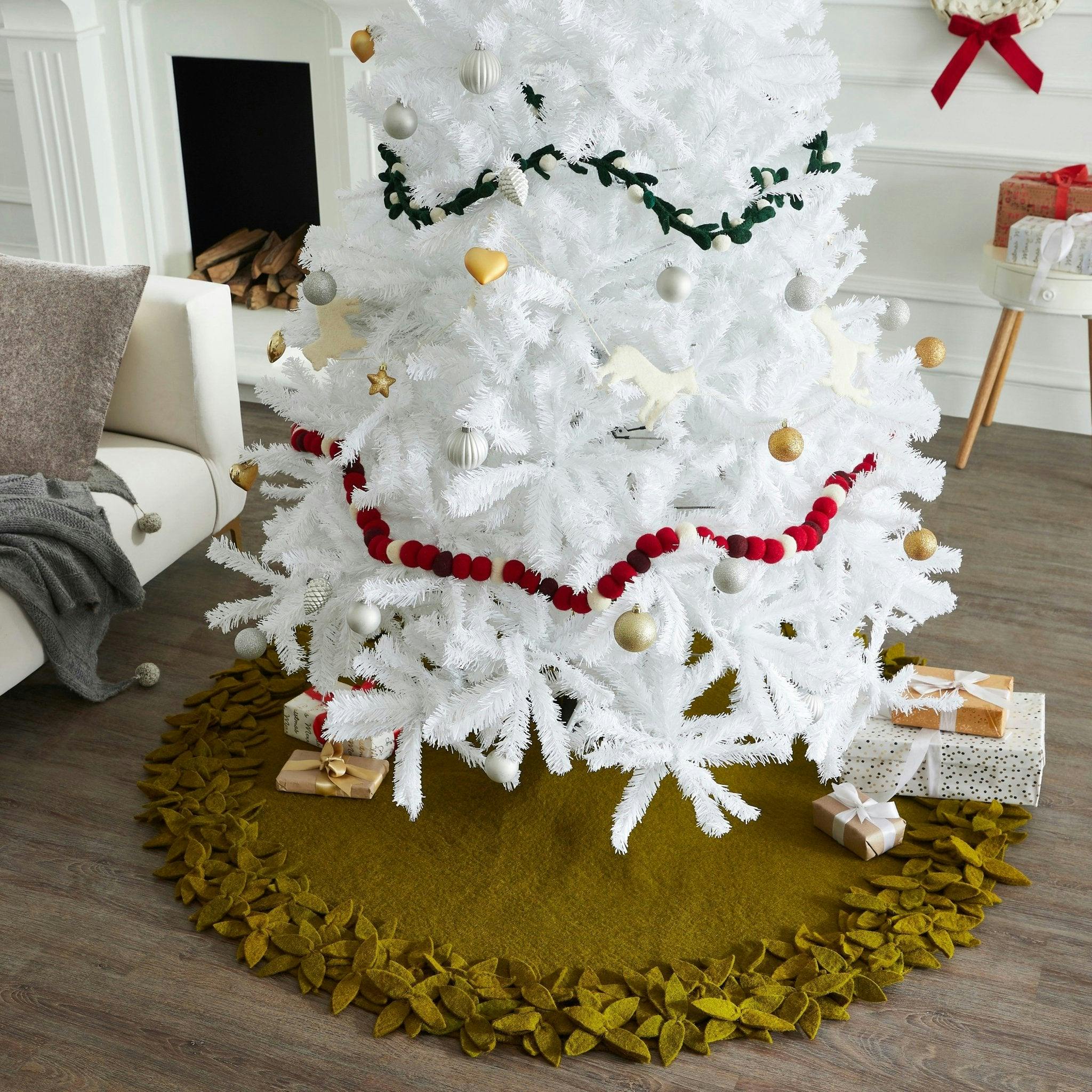 Hand Felted Wool Overlapping Flowers Border Chartreuse XL Christmas Tree Skirt 64