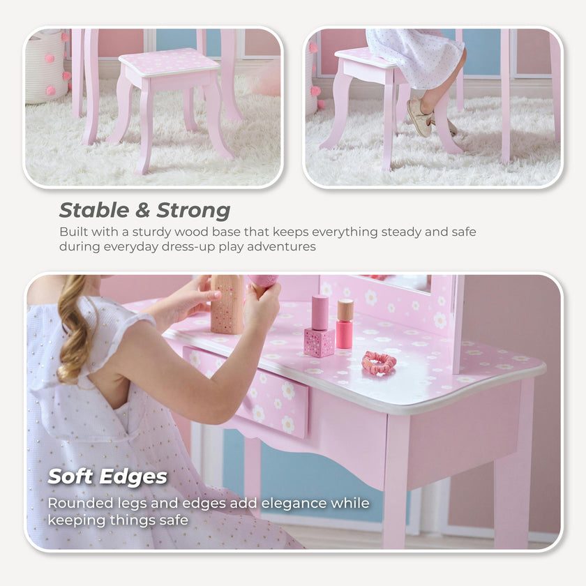 Daisy Gisele Wood Vanity with Tri-Fold Mirror and Drawer, Pink