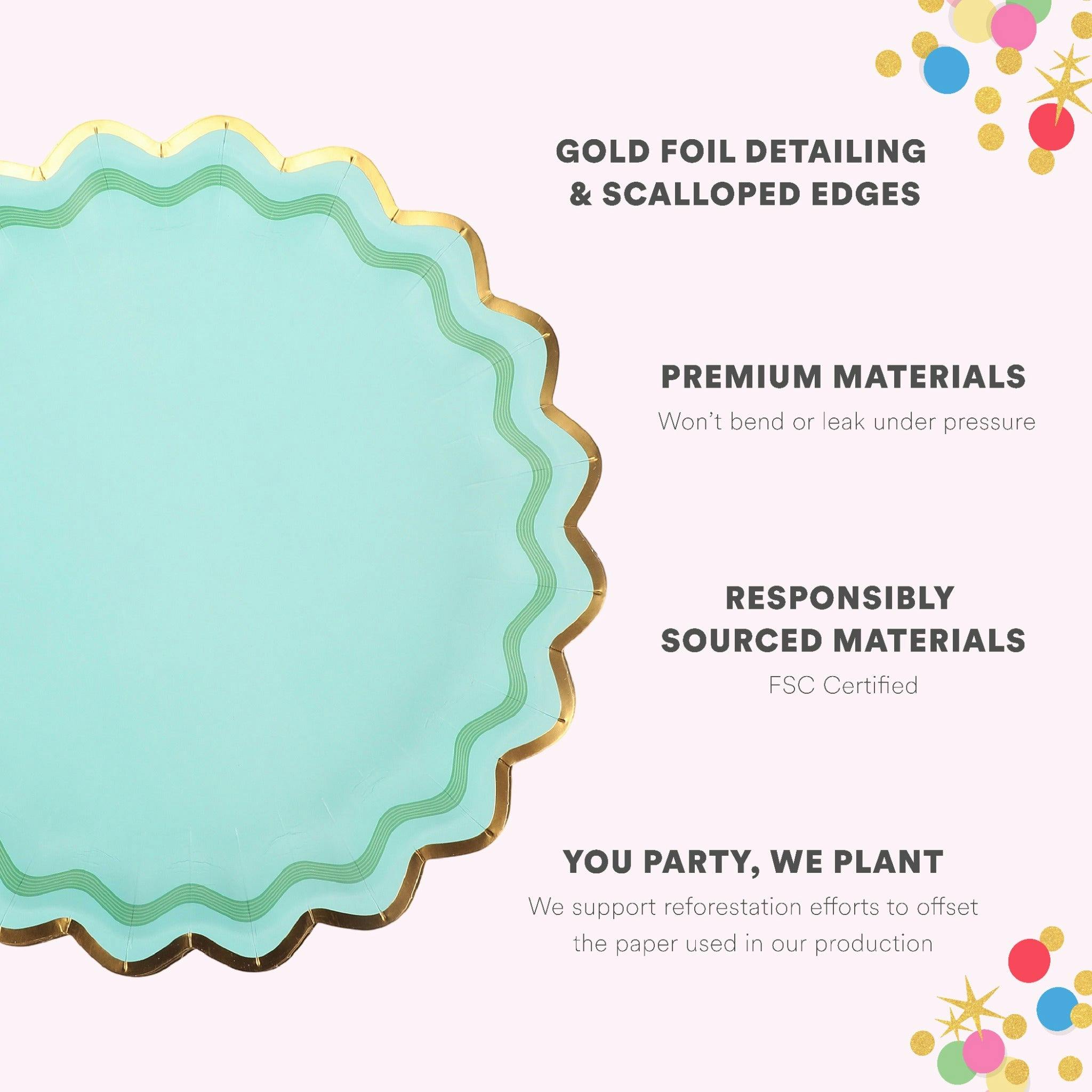 Packed Party Rainbow Ric Rac 10ct Paper Dinner Plates | Gold Foil Scalloped 5-Color Mix Party Plates |10 Inch Birthday Plates