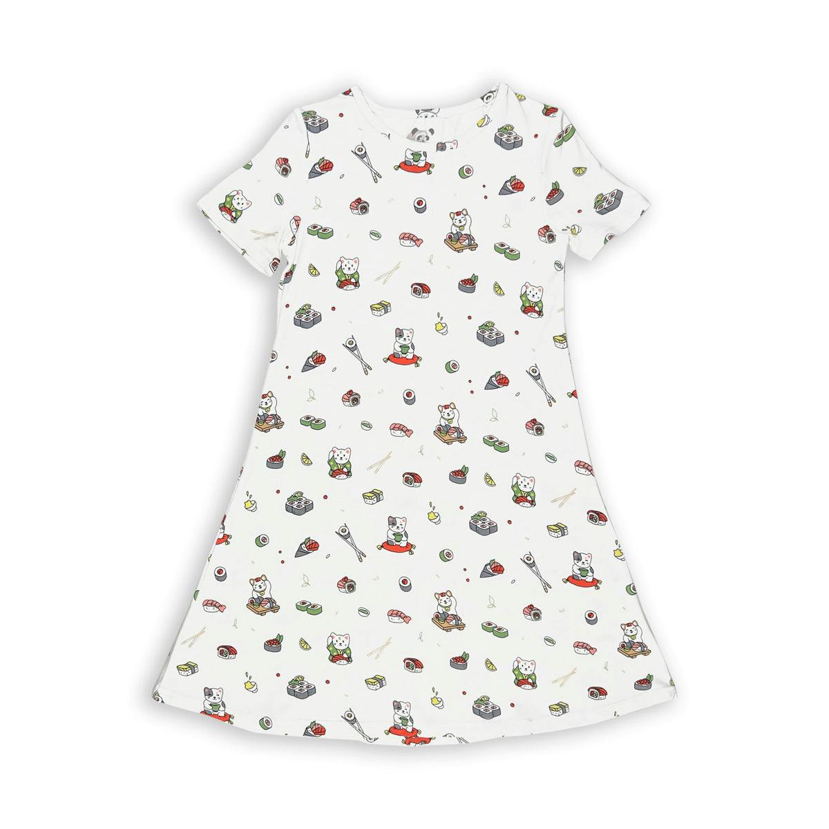 Sushi Cat Bamboo Girls' Short Sleeve Dress