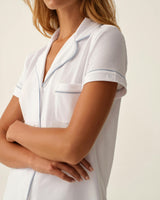 The Poppy Pima Short Set in White with Periwinkle Piping
