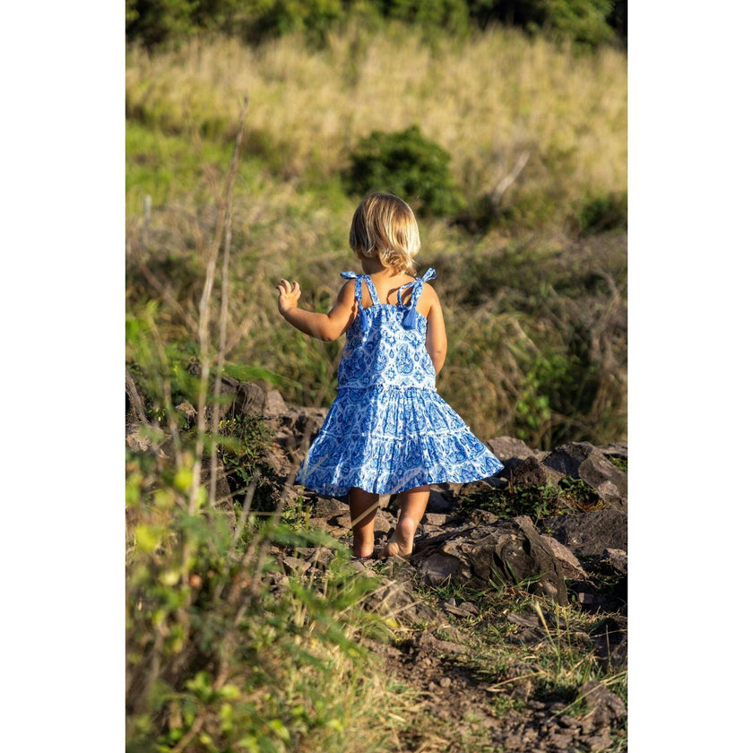 Bella Girl's Shoulder Tie Sundress Blue Paisley, Blue