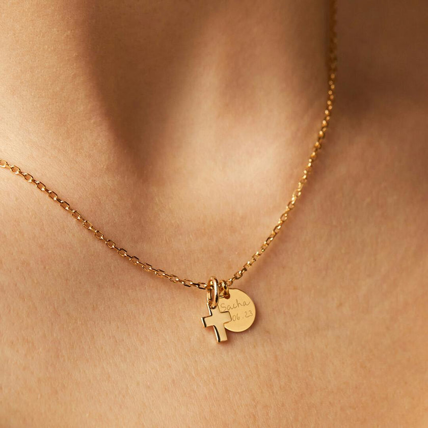Personalized Mini Cross Necklace, 14k Gold Plated