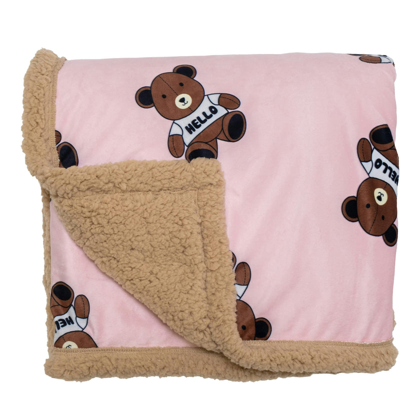 Cozy Switch Blanket – Reversible Sherpa & Mink Fleece Blanket with Embroidered Appliqué, Teddy Bears
