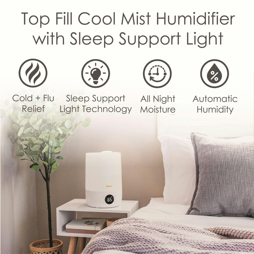 Top Fill Cool Mist Humidifier, 1.2 Gallon with Sleep Support Light & Essential Oil Tray