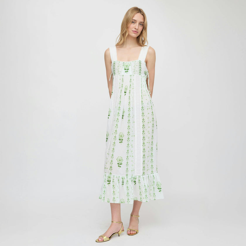 The Lux Nightgown - White/Green Arcadia Border