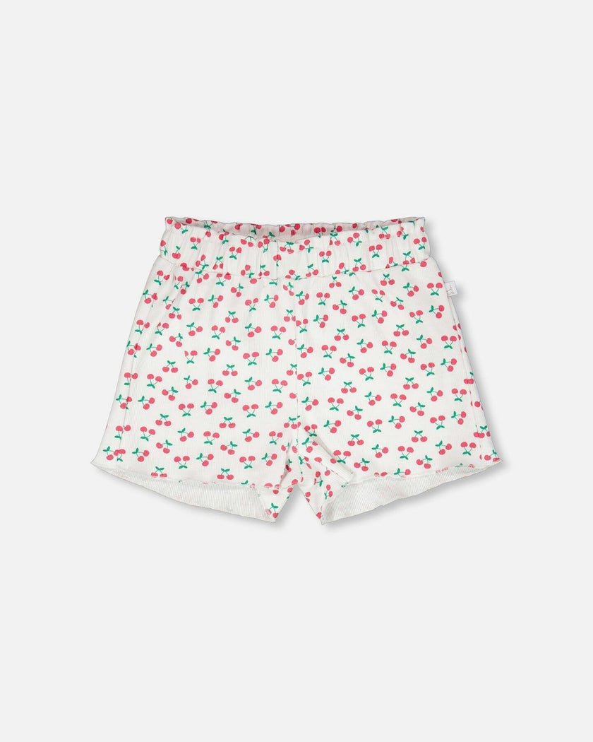 Rib Shorts White Printed Cherries