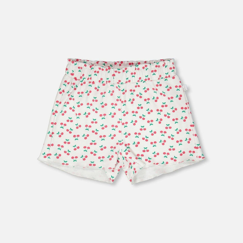 Rib Shorts White Printed Cherries