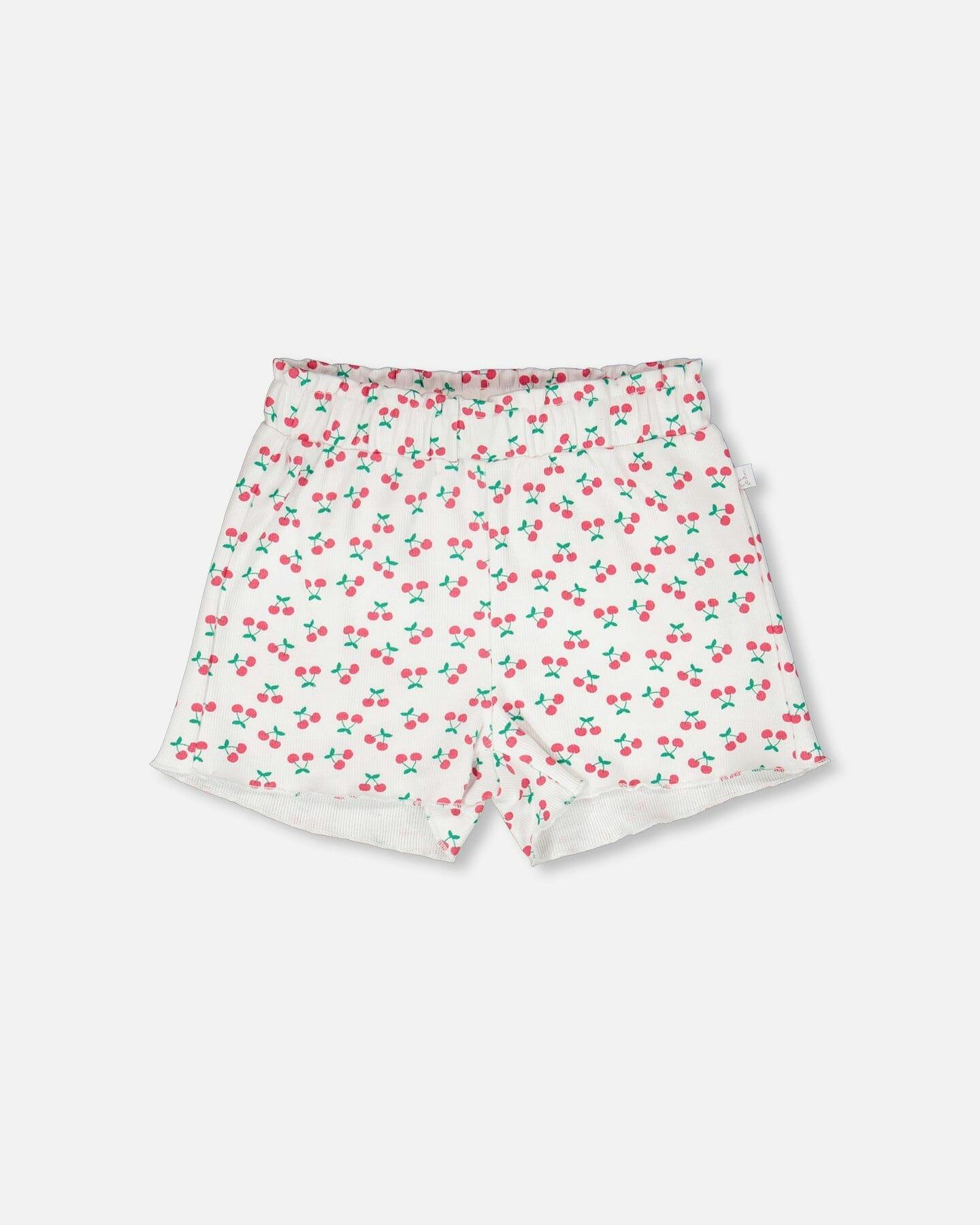 Rib Shorts White Printed Cherries