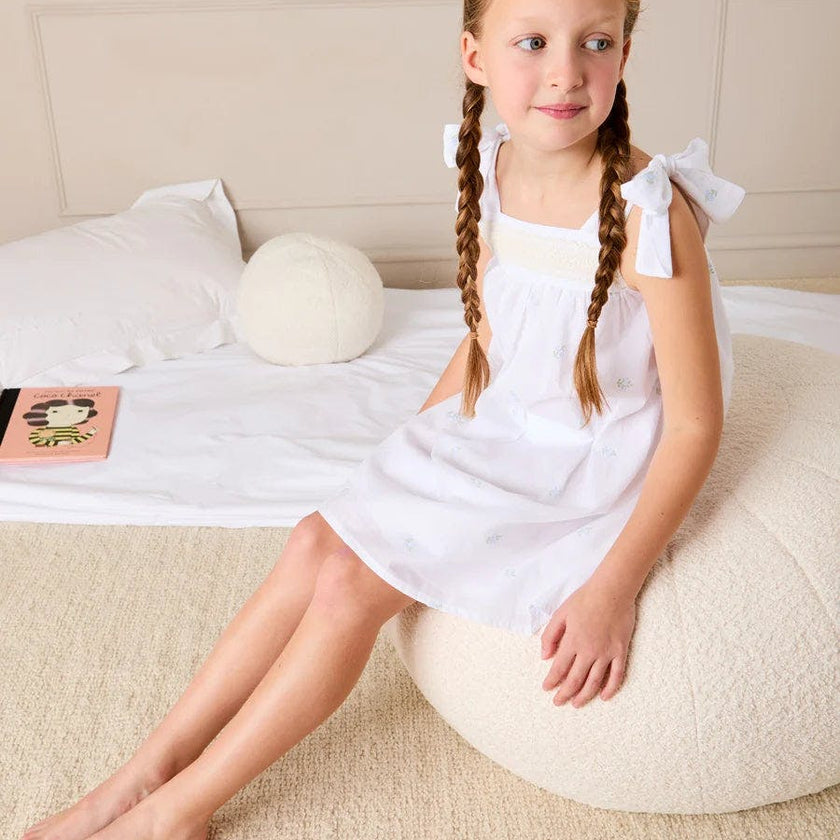 Bluebell Embroidered Bow Shoulder Tie Night Dress in White (18mths- 10yrs)