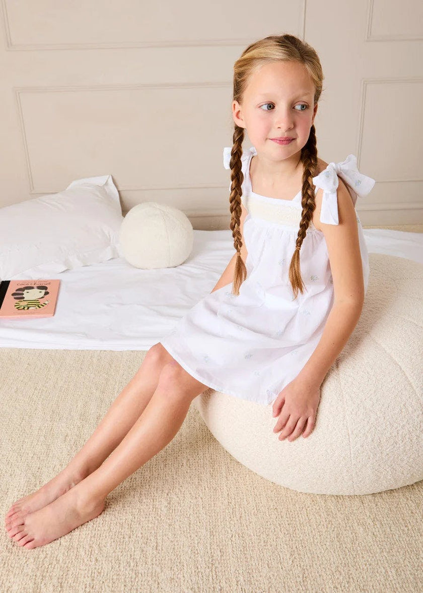 Bluebell Embroidered Bow Shoulder Tie Night Dress in White (18mths- 10yrs)