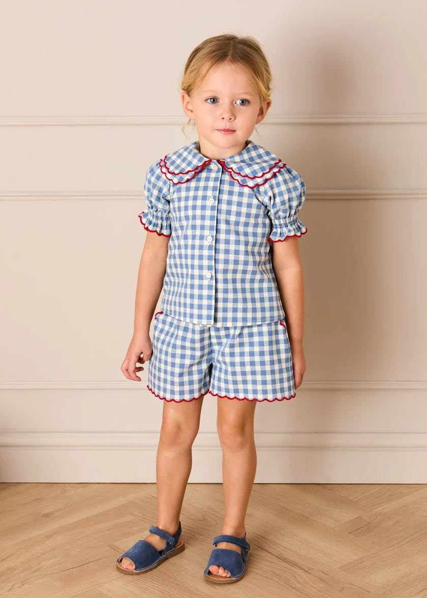 Darby Gingham Scallop Layered Collar Short Sleeve Blouse in Blue (18mths-12yrs)