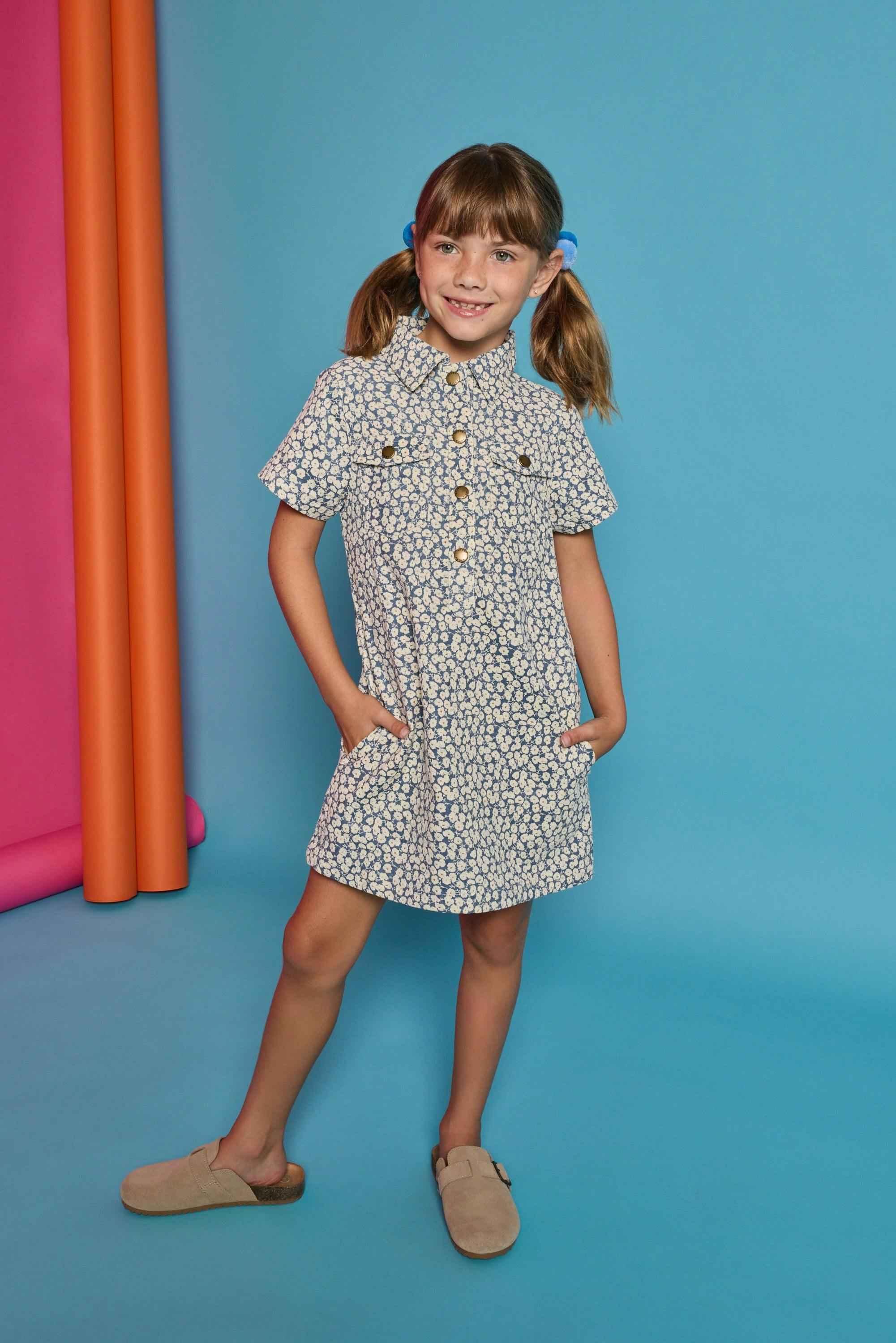 Safari Popover Dress - French Blue Floral Corduroy