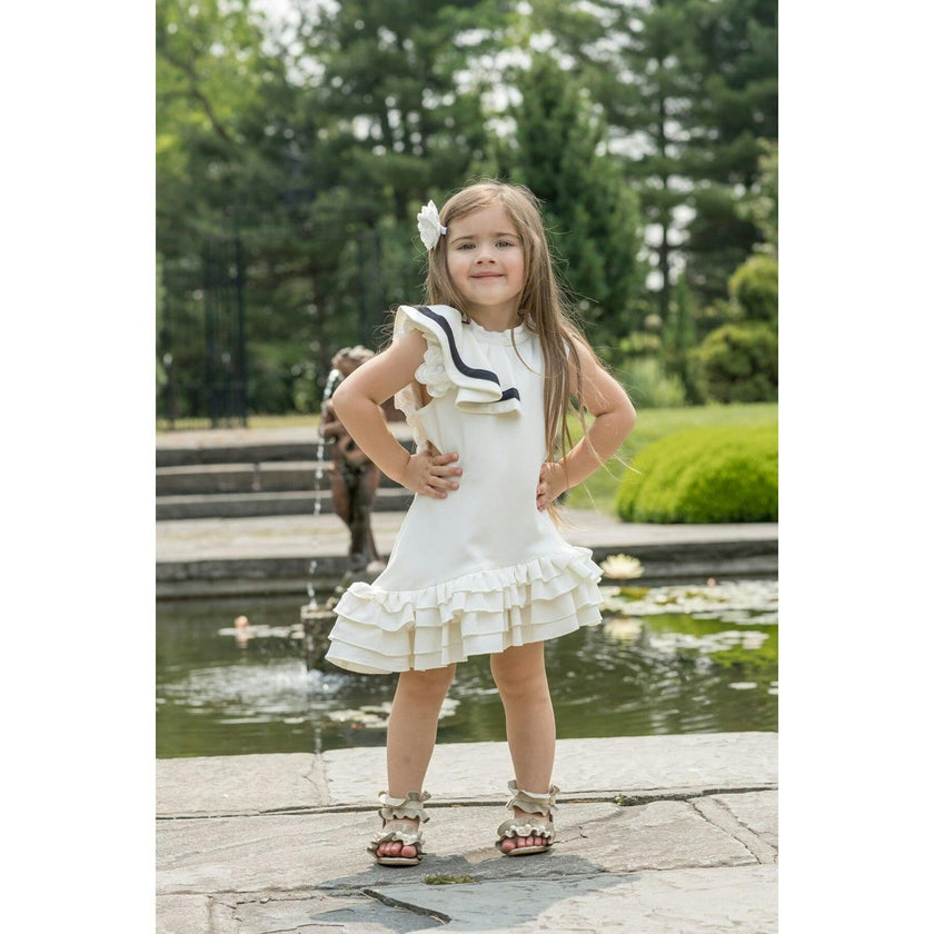 Alex White Ruffle Dress with Black Contrast Line