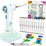 Air Brush Marker Set for Kids Includes 12 Washable Markers 20 Stencils Gift for Ages 5 6 7 8 9 Years Old - Great Arts & Crafts Set