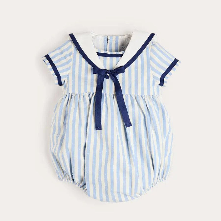 Regency Stripe Mariner Collar Bow Detail Romper in Blue (6mths-2yrs)