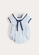 Regency Stripe Mariner Collar Bow Detail Romper in Blue (6mths-2yrs)