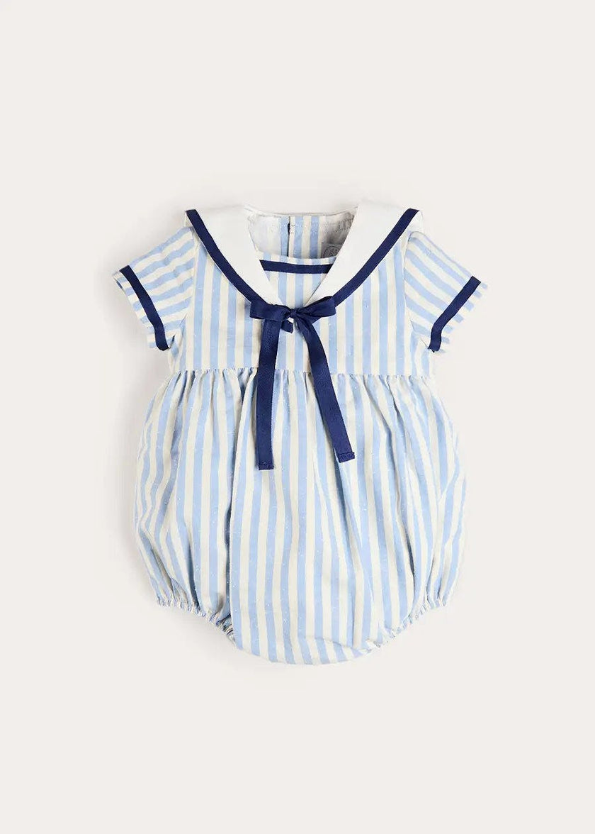 Regency Stripe Mariner Collar Bow Detail Romper in Blue (6mths-2yrs)