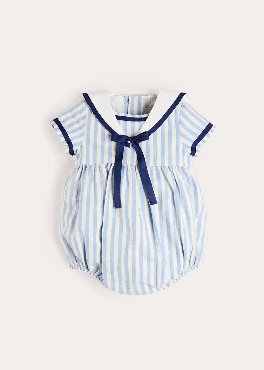 Regency Stripe Mariner Collar Bow Detail Romper in Blue (6mths-2yrs)