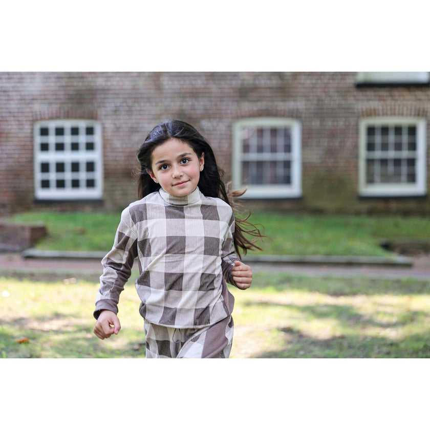 Corduroy Plaid Mao Collar Long Sleeve Toggle Top