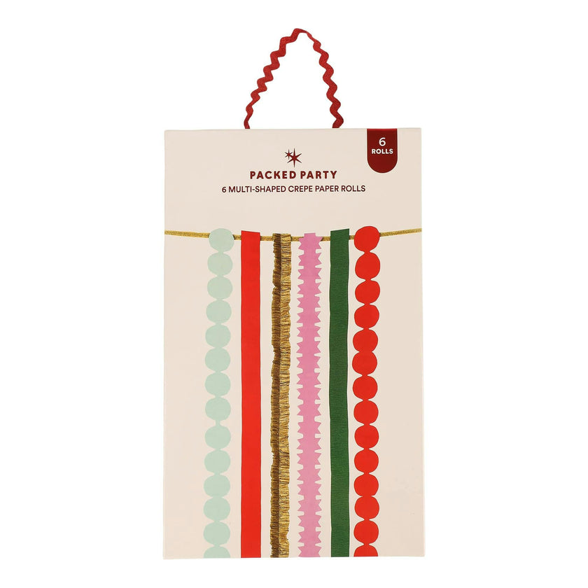 Packed Party Holiday Hues Crepe Paper Streamer Backdrop Kit - 6 Colors of 72-Inch Crepe Paper Rolls with 60-Inch Gold Satin Ribbon for Holiday Photo Walls