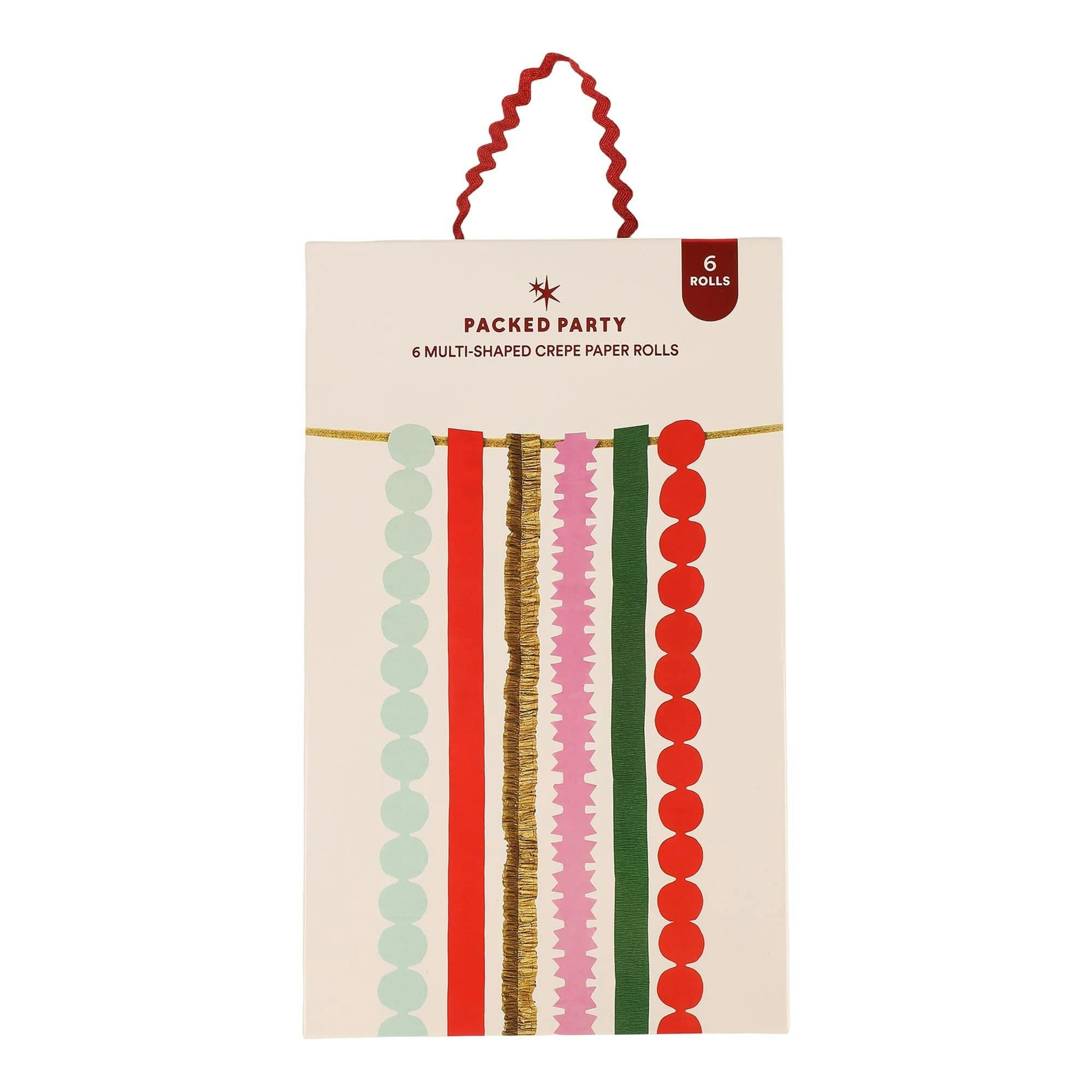 Packed Party Holiday Hues Crepe Paper Streamer Backdrop Kit - 6 Colors of 72-Inch Crepe Paper Rolls with 60-Inch Gold Satin Ribbon for Holiday Photo Walls