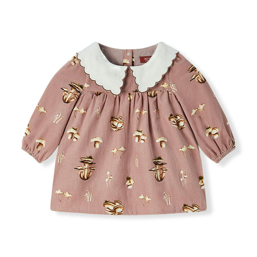 Mushroom Corduroy Long Sleeve Collared Dress