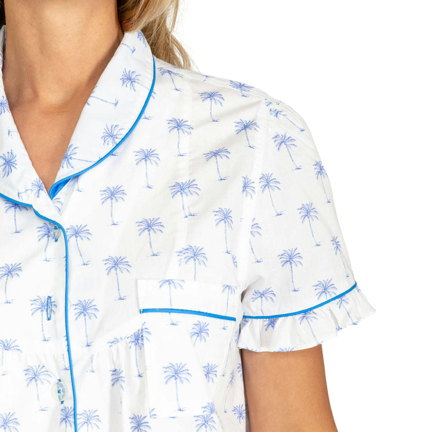 Women's Blue Palm Tree Short PJ Set - Organic Cotton Poplin