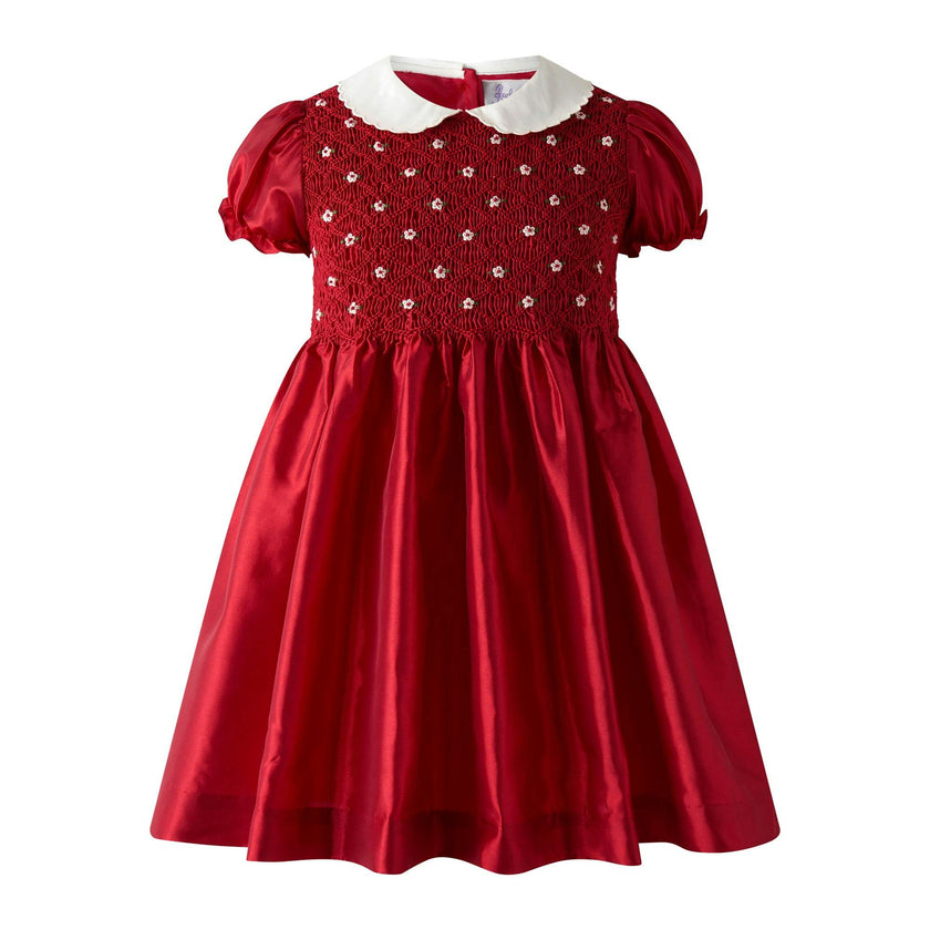 Red Taffeta Rosebud Smocked Dress